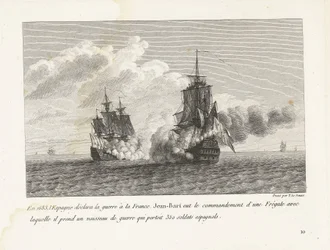 Jan Bart verovert een Spaans schip med 350 soldater aan boord, 1683 I 1683 erklærede Spanien krig mod Frankrig, Jean-Bart havde kommandoen over en fregat, med hvilken han tog et krigsskib med 350 spanske soldater (titel på obje)