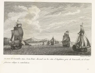 Jan Bart voor de engelske kyst ved Newcastle, 1692 I november 1692 går Jean-Bart ned på Englands kyster nær Newcastle, hvor han sætter flere landsbyer til bidrag (titel på objekt) Samling af kampene af Jean-Bart, fløjchef så