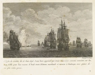Treffen mellem en vloot under Jan Bart en en Hollandse vloot, 1696 I slutningen af ​​kampen den 18. juni 1696 får Jean-Bart kendskab til, at tretten fjendtlige fartøjer (...) og vender tilbage til Dunkerque med femten af ​​sine rigeste præmier (titel på ob