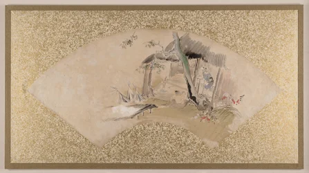 Hus med kvinde og baby, slutningen af det 19. århundrede (viftebillede monteret som albumblad; tempera på papir)