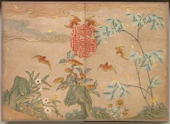 Skrivebordsalbum: Blomster- og fuglemalerier Flagermus, sten, blomster oval kalligrafi, 1700-tallet.