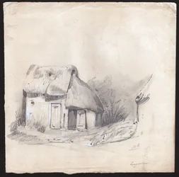 Et stråtækt sommerhus i centrum af Frankrig. ca. 1830 (illustration)