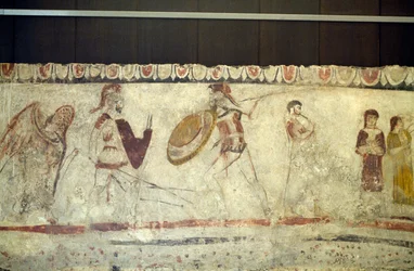 Kampscene mellem to krigere, fresko fra Necropolis i Andriuolo-Laghetto i Paestum, Campania, Italien, oldgræsk civilisation, Magna Graecia, 4. århundrede f.Kr. (foto)
