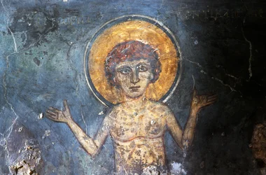 Kristus, fresko i den byzantinske kirke Agios Georgios Sfakiotis, Diavaide, Kreta, Grækenland (foto)
