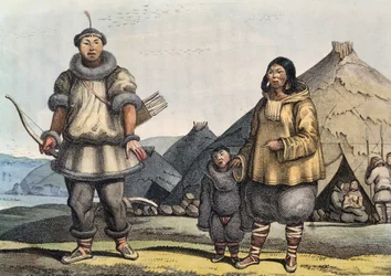 Chukchi-familien foran hytten, Beringstrædet, Rusland, af Louis Choris (1795-1828)