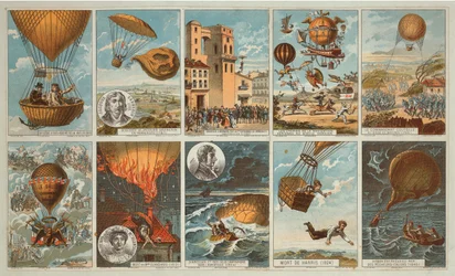 Samler kort med billeder af begivenheder i ballonfartens historie fra 1795 til 1846, ca. 1900 (kromolitografi)