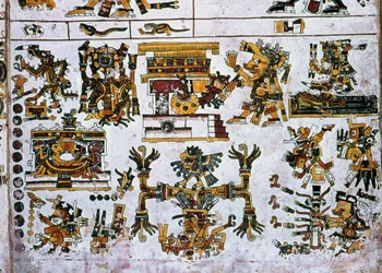 Detalje fra en faksimile Kopi af en side af Codex Borgia, der viser de fire retninger og midten (farve litho)