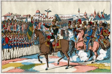Kejser Alexander II gennemgår sine tropper før krigserklæringen mod Tyrkiet (1877). omkring 1880 (illustration)