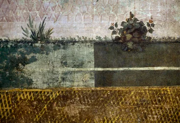 Blomstervase, detalje fra en fresco, der forestiller en have med frugttræer og fugle, fra House of Livia på Palatinerhøjen, Rom, Italien. romersk civilisation