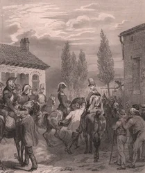 Fransk hær på vej ind i Belgien, august 1831, stålgravering på porcelænspapir