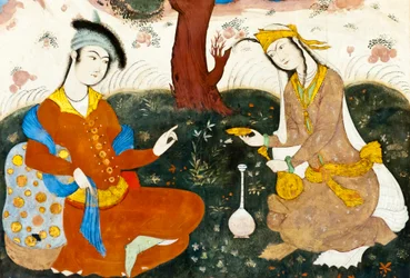 Fresco; to elskere; persisk miniature; Chehel Sotoun; Fyrre Søjler Palace; Isfahan; Iran; Asien