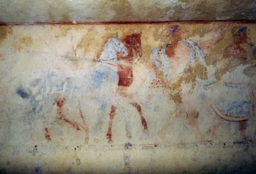 Begravelsesoptog med heste og mandlige figurer, freskomaleri, Blå Dæmons grav, Tarquinias nekropolis (UNESCOs verdensarvsliste, 2004), Lazio, Italien Etruskisk civilisation, 5. århundrede f.Kr.