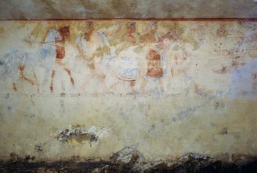 Begravelsesoptog med dansere og musikere, fresco, Tomb of Blue Demons, Necropolis of Tarquinia (UNESCO World Heritage List, 2004), Lazio, Italien Etruskisk civilisation, 5. århundrede f.Kr.