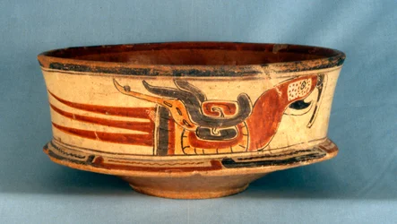 Begravelsesfartøj fundet i grav 5 i Balamku, tidlig klassisk periode (300-600 e.Kr.) (terracotta)