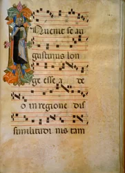 Belyst initial med figuren af ​​Saint Augustine (Corale 19, ca. 149), værk af Silvestro dei Gherarducci til korbog 19 af Santa Maria degli Angeli konserveret i Biblioteca Medice-Laurenziana i Firenze