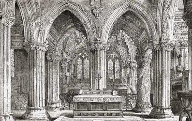 Interiør af Rosslyn Chapel, Roslin, Midlothian, Skotland.