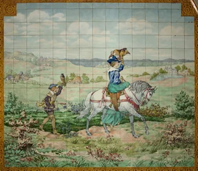 Interiør, flisepanel, maler Furcy Ernest Tondeur, udført af Boch Frères La Louvière, andet panel, jagtscene med en adelsmand og en adelskvinde med falke