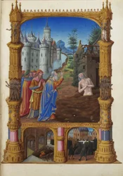 Les Très Riches Heures du duc de Berry, Folio 82r - Job hånet af sine venner Musée Condé, Chantilly. Job, hans kone og hans venner.