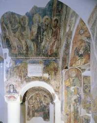 Lav vinkel visning af vægmaleri på en væg, St. Peters kirke, Otranto, Salento, Puglia, Italien
