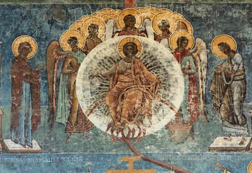 Kloster (manastirea Voronet). Kirken. Ydre. Vægmalerier. Vest siden. Detalje.