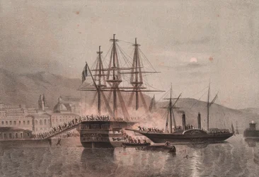 Napolitansk fartøj Monarca angrebet af Tuckery i Port of Castellammare