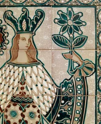 Malet majolica-panel, der viser allegorisk scene, Santo Stefano di Camastra, Sicilien, Italien, Detalje