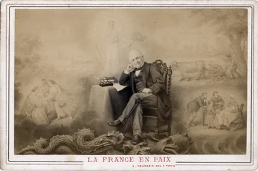 Paris Kommune: "Frankrig i fred"" portræt af Louis Adolphe Thiers (1797-1877) siddende på dragens sandsynligt symbol på kommunen