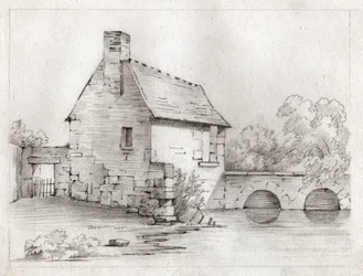Bondehus på kanten af en flod. omkring 1830 (illustration)