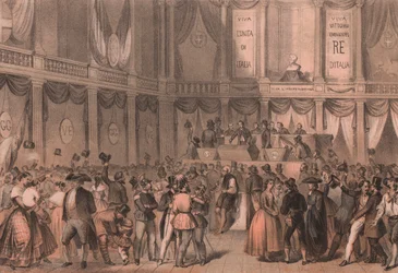 Folkeafstemning om annektering til Italien, sal ved University of Napoli, Campania, italiensk Risorgimento, litografi af Carlo Perrin fra tegning af Carlo Bossoli (1815-1884), 22x15 cm
