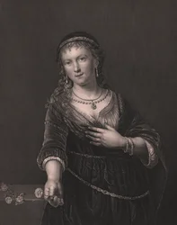 Portræt af Saskia van Uylenburgh (1612-1642), Rembrandts hustru, gravering af Daniel John Pound efter Rembrandts maleri, fra Payne