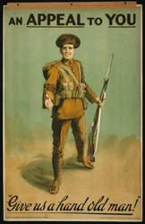 Rekrutteringsplakat "An Appeal to You", Giv os en hånd gammel mand! 1915 (farve litho)
