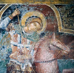 Hellig på hesteryg, fresco i kirken i Thari-klosteret, Rhodos, Grækenland