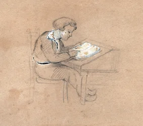 Skoledreng på arbejde på sit skrivebord. omkring 1830 (illustration)