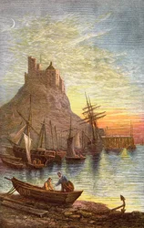 Den hellige ø Lindisfarne, der viser slottet.
