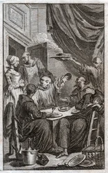 Festen for munke, der overtræder klosterregler. De drikker vin, bejler til tjenestepigerne. 1700-tallet (gravering)