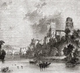 Udsigt over Durham og katedralen, set fra floden Wear, Durham, England
