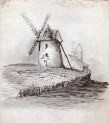 Vindmølle i Normandiet, Frankrig. omkring 1830 (illustration)