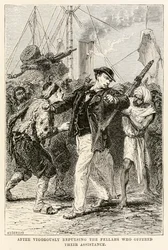 Efter kraftigt at have frastødt de fyre, der tilbød deres hjælp, fra Jorden rundt på firs dage af Jules Verne (1828-1905), graveret af Henri-Théophile Hildebrand (1824-1897) 1873 (gravering)