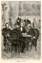 Nå, hr. Fogg, sagde han, det skal være sådan: Jeg vil satse £4000 på det!!, fra Around the World in Eighty Days af Jules Verne (1828-1905), indgraveret af Louis Dumont (f.1822), 1873
