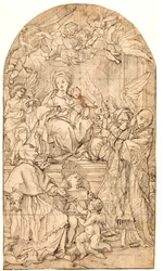 Den tronende Madonna med barnet, flankeret af engle og de hellige Karl Borromæus og Ignatius af Loyola