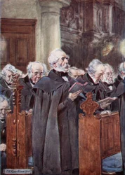 Hans kære gamle hoved var bøjet over hans bønnebog