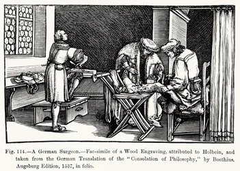 En tysk kirurg, fra Consolation of Philosophy af Boethius, illustration fra Videnskab og litteratur i middelalderen og renæssancen, skrevet og indgraveret af Paul Lacroix, 1878 (bw ph)