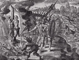Spaniernes hævn for Ayolas død, fra Gottfrieds Historia Antipodum, pub. i 1655, fra The Romance of the River Plate, Vol. I, af W. H. Koebel, 1914