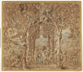 Putti høster vin og leger med en ged