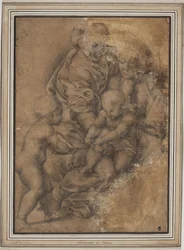 Den hellige familie med spædbarnet Johannes Døberen. Efter Giulio Romanos Madonna della Gatta