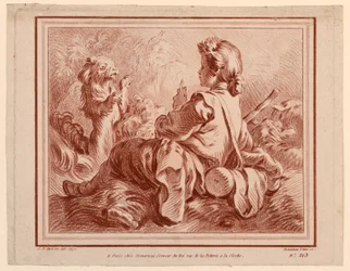 Siddende hyrde leger med en hund