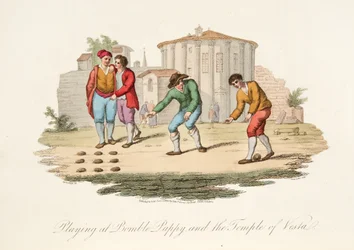 Spiller på Bumble Puppy og Temple of Vest, fra Italian Scenery, der repræsenterer manerer, skikke og forlystelser i de forskellige stater i Italien, pub. 1806 (håndfarvet gravering)