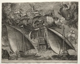Sejlfartøjer: To galejer, der sejler bag en bevæbnet tre-mester med Phaeton og Jupiter i himlen