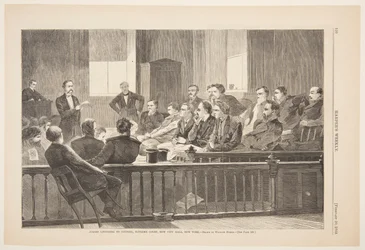 Nævninge lytter til advokat, højesteret, New City Hall, New York
