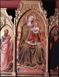 Altertavle af Gerard Cossassi degli Assi, detalje af det centrale panel, der forestiller Madonnaen og barnet på tronen (olie på panel)